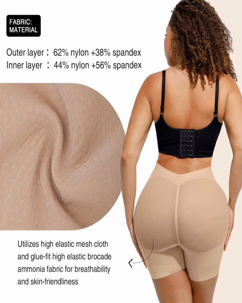 E.Pantalones cortos moldeadores BBL de cintura media con compresión firme y cómoda. Moldean abdomen, cintura y piernas mientras realzan los glúteos gracias a su corte en V en la parte trasera para un efecto más definido y natural.